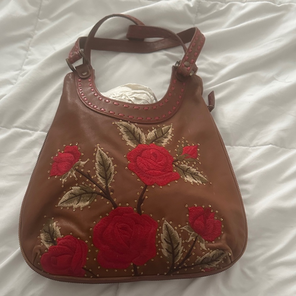 Isabella Fiore Tan Bag with Red Floral Design